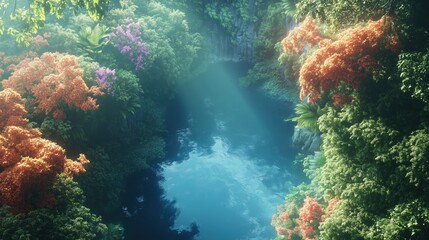 Obraz premium Lush greenery with a tranquil water reflection.