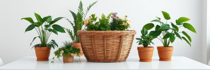 A wooden basket in the center of a white table surrounded by lush green plants in terracotta pots and a vase with fresh flowers, rustic accents, wooden basket