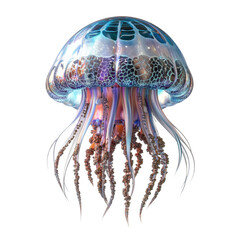 The image displays a stunning, intricately detailed glass sculpture of a jellyfish with iridescent and vibrant colors.