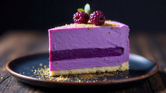 A delicate purple ube piece of cake filled with purple jam on a elegant dark plate, dark background. Trendy food.