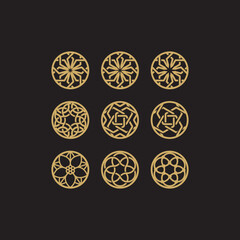 Luxurious Abstract Gold Circle Mandalas. Abstract geometric shapes, futuristic wavy fractals of stars and circles. Different decorative elements, Signs or Symbols.