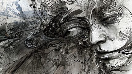 Delve into the depths of the human psyche through a unique blend of abstract art and unexpected camera angles portraying a worms-eye view Opt for a fusion of pen and ink sketches combined with surreal