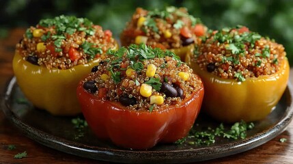 Quinoa-stuffed bell peppers, healthy meal, kitchen setting, food photography, recipe illustration