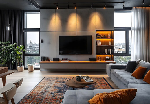 Gray sofa and tv unit in loft interior design of modern living room