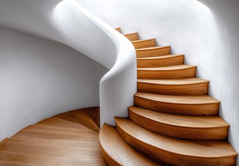 Naklejka premium Elegant Spiral Staircase with Smooth White Walls and Polished Wooden Steps Featuring Contemporary Architectural Design and Modern Interior Aesthetics