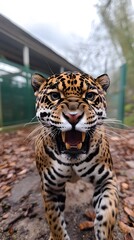 Fototapeta premium Jaguar, Tiger, Leopard, Jumping and Attacking Photographer, Watercolor Art, Abstract Image, Texture, Pattern Background, Wallpaper, Cover and Screen for Smartphone, PC, Laptop, 9:16 and 16:9 Format