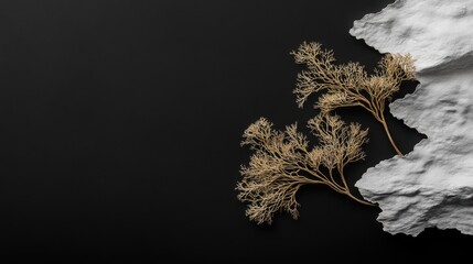 Witch's Hair lichen in black and gold colors on dark matte background, premium botanical wallpaper with lichens and flowers