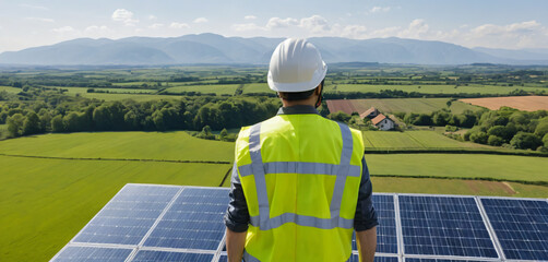 CONSTRUCTION WORKER ON ROOF TOP OF HOUSE WITH A SOLAR PANEL SYSTEM