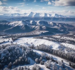 Obraz premium Aerial view of the Roanoke valley during winter with snow-covered mountains , snow, view, landscape