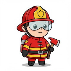 Adorable Cartoon Firefighter Child Holding Axe Safety Gear Cute Illustration