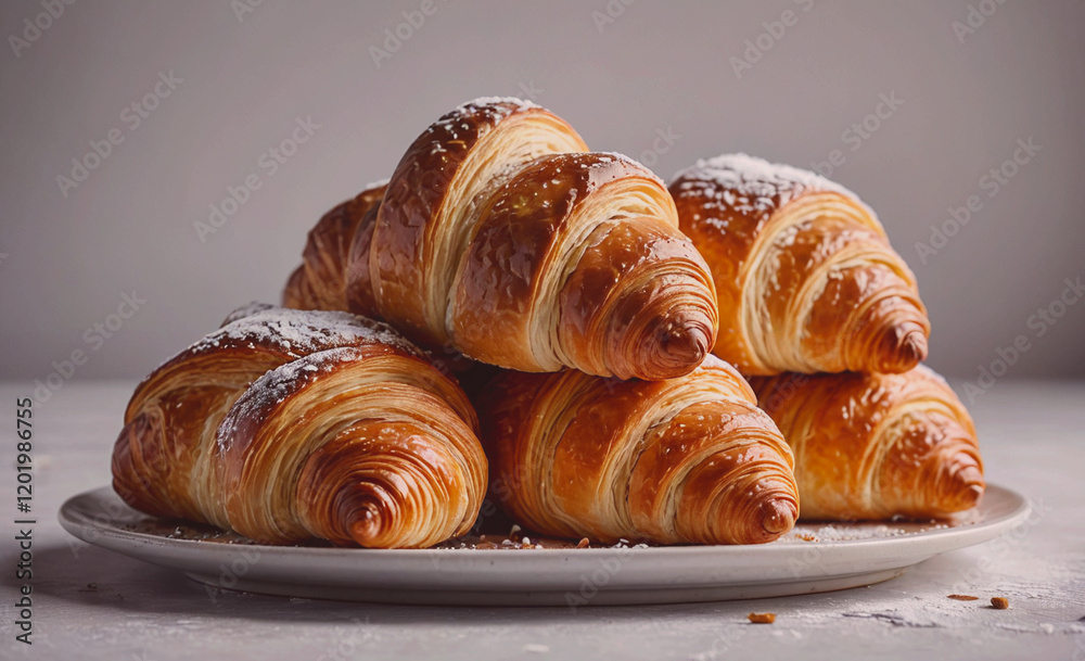 Poster A stack of croissants with powdered sugar on top. The croissants are arranged in a neat stack on a white plate
