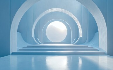 Fototapeta premium Ethereal Blue Interior Space Featuring Abstract Architectural Elements with Large Circular Opening and Gentle Light Play