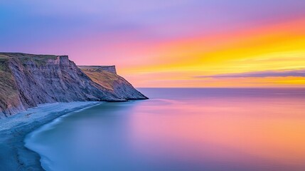 A dramatic asymmetrical coastline featuring towering cliffs on one side and a quiet cove on the other, under a vibrant orange and purple sunset sky