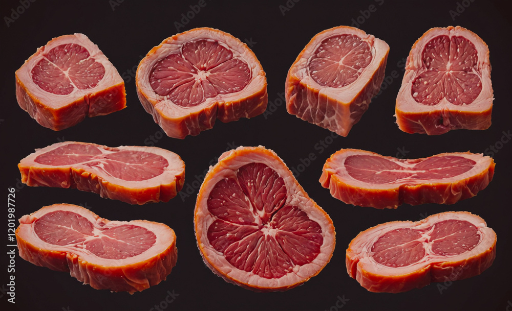 Poster A close up of various cuts of meat, including a grapefruit. Concept of abundance and variety, as there are many different types of meat and fruit on display
