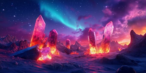 Obraz premium Glowing Crystals in Fantasy Landscape at Night 