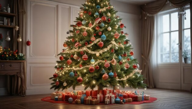 A Christmas tree decorated with ornaments and garlands, wrapping paper, holly