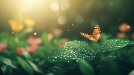 Vibrant orange butterfly perched on a dewy green leaf in a sunlit tropical garden. Captures delicate wings, lush foliage, dreamy bokeh effect, and natural beauty. Perfect for eco and nature themes.