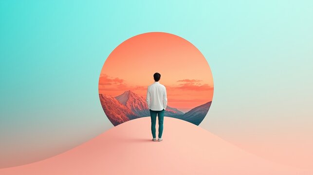 A serene wanderer in an expansive sunset landscape tranquil environment digital art minimalist viewpoint reflective journey