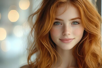 Naklejka premium a radiant young girl with flowing auburn hair, soft natural lighting, candid portrait with genuine smile, bokeh background, warm tones