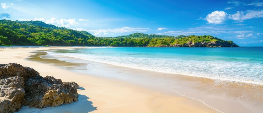 An asymmetrical beach scene with rocky outcrops on one end and smooth, white sand stretching into the distance, framed by lush green hills