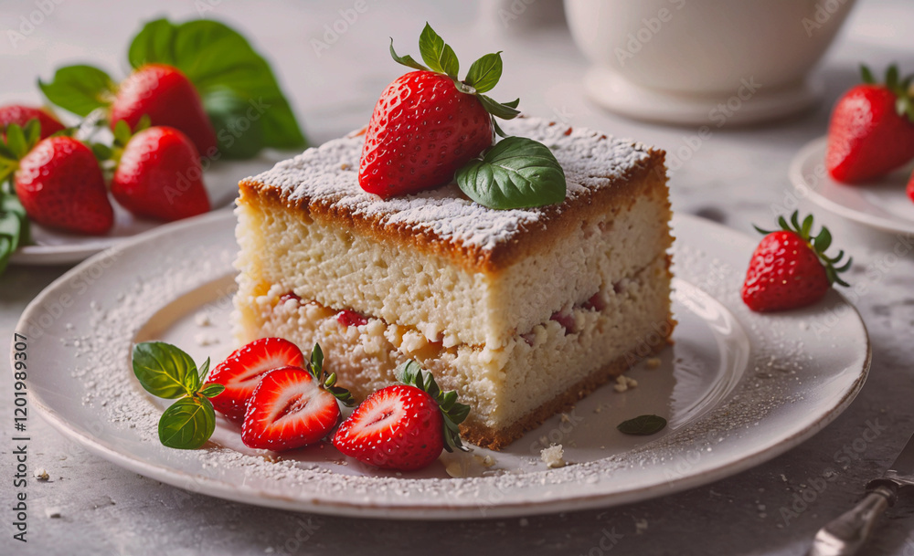 Poster a slice of cake with strawberries and powdered sugar on top. the cake is cut in half and placed on a
