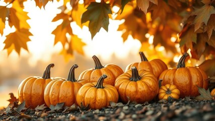 Naklejka premium A cluster of gleaming pumpkins rests against a backdrop of rustling leaves with deep golden hues in the fading light of day, autumn foliage, harvest season, fall background