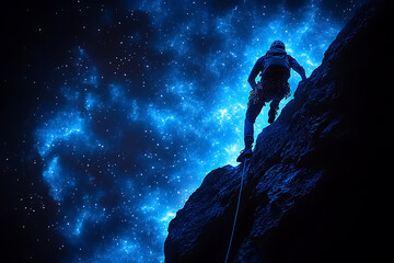Obraz premium A glowing wireframe of a man climbing a steep rock wall, rendered on a transparent background, highlighted by a combination of blue and black data elements