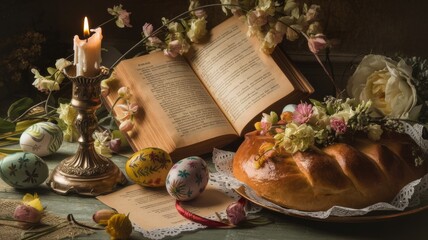 Fototapeta premium Easter Still Life with Eggs and Dried Flowers