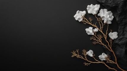 Dog-Pelt Lichen lichen in black and gold colors on dark matte background, premium botanical wallpaper with lichens and flowers