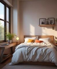 a cozy bedroom with a plush bed nestled under a window perch, book lover's den, warm atmosphere, comfortable seating