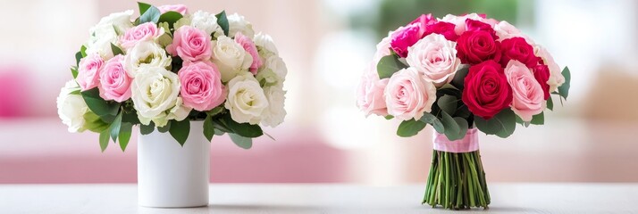 Fototapeta premium Lovely Rose Bouquets - Two beautiful rose bouquets, one in pastel pinks and whites, the other in vibrant pinks and reds. Perfect for celebrations, weddings, or romantic gifts.