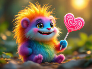 Fototapeta premium Funny, colorful, monster, cute, furry, rainbow