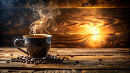 Fototapeta premium A steaming hot coffee mug filled with dark liquid and surrounded by warm golden lighting on a rustic wooden table, hot coffee, home decor, still life, wooden table, golden light