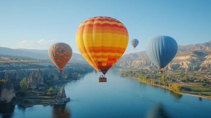 Fototapeta premium Hot air balloons float peacefully over a scenic river valley with rolling hills and unique rock formations creating a beautiful landscape