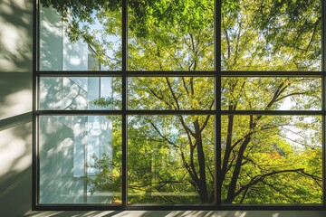 Fototapeta premium Large Window View of Lush Green Trees and Sunlight