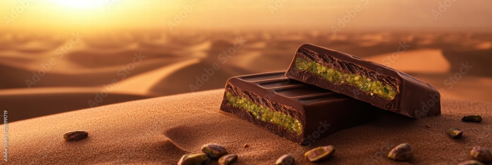 Poster delicious chocolate bar with pistachio paste filling displayed in a serene desert landscape at sunse
