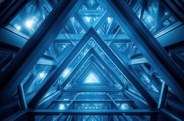 Fototapeta premium Intricate Geometric Architecture of a Modern Skylight with Blue Tones and Symmetrical Lines Captured from Below in a Striking Perspective