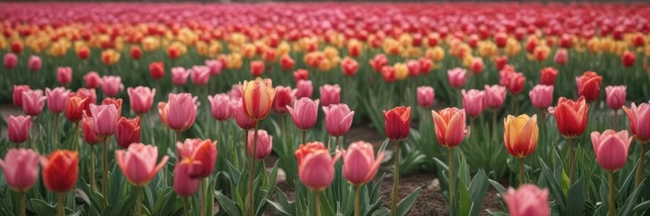 A lone red and yellow tulip blooms amidst a field of delicate pink hues, creating a visually stunning contrast, bold flower, tulip