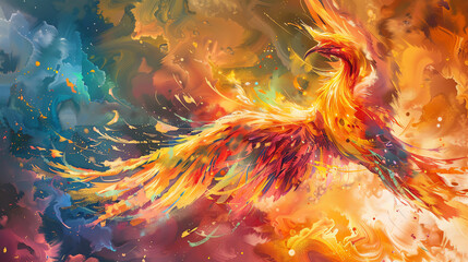 Illustrate a mystical phoenix rising from ashes in an impressionism technique, with vibrant acrylic colors blending seamlessly, using a top-down isometric viewpoint for dramatic effect