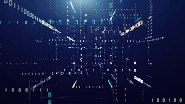 Abstract digital data visualization with a network of binary code and geometric patterns on a dark blue background.