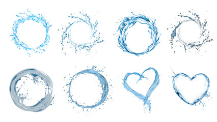 Circular Water splash. Isolate waves, liquid drops, ocean or sea drops, Feature circular splashes, water crowns, abstract splashes, and water drops on a white background in crystal clear blue tones.
