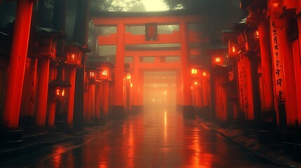 Red Lanterns Illuminate A Misty Japanese Shrine Path