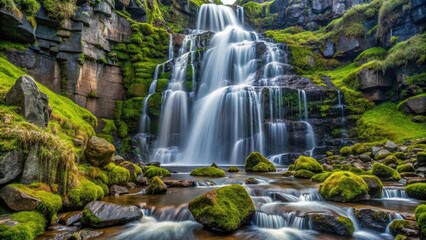 Obraz premium A majestic waterfall cascading down a rocky cliffside, with moss and lichen-covered rocks in the foreground, lichen, waterfall, geology, scenic landscape, natural beauty