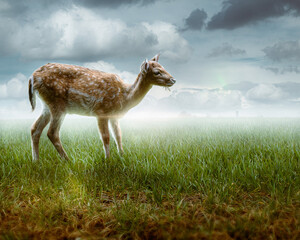 wildtier reh steht auf der wiese und isst gras mit schönen hintergrund und düsteren wolken