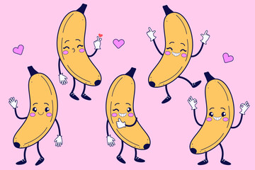 Groovy set with banana. Hand drawn retro style illustration.