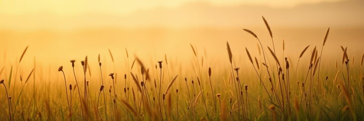 Obraz premium A misty dawn scene of a meadow with a warm golden light illuminating wildflowers and tall grasses, wildflowers, outdoors, landscape