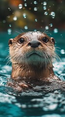 Otter emerging from water, droplets falling
