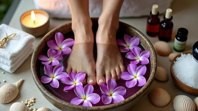 a scene of relaxation and foot care. In the center of the frame are feet immersed in a wooden bowl of water. Pink flowers float in the water, creating the atmosphere of a spa treatment.