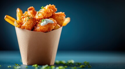 A mouthwatering capture of crispy fish and fries served in a modern container, radiating warmth and inviting comfort with a touch of elegance.