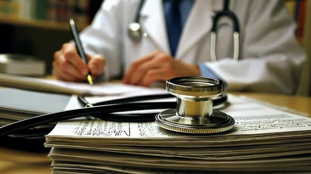 a stethoscope lying on a stack of documents or medical records. In the background, a man in a white coat can be seen, who is probably a doctor. He's writing something on paper.